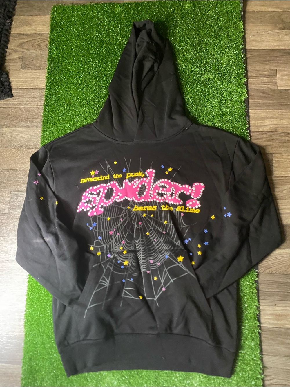 Black Graphic Hoodie with Pink 'Spiders' Logo